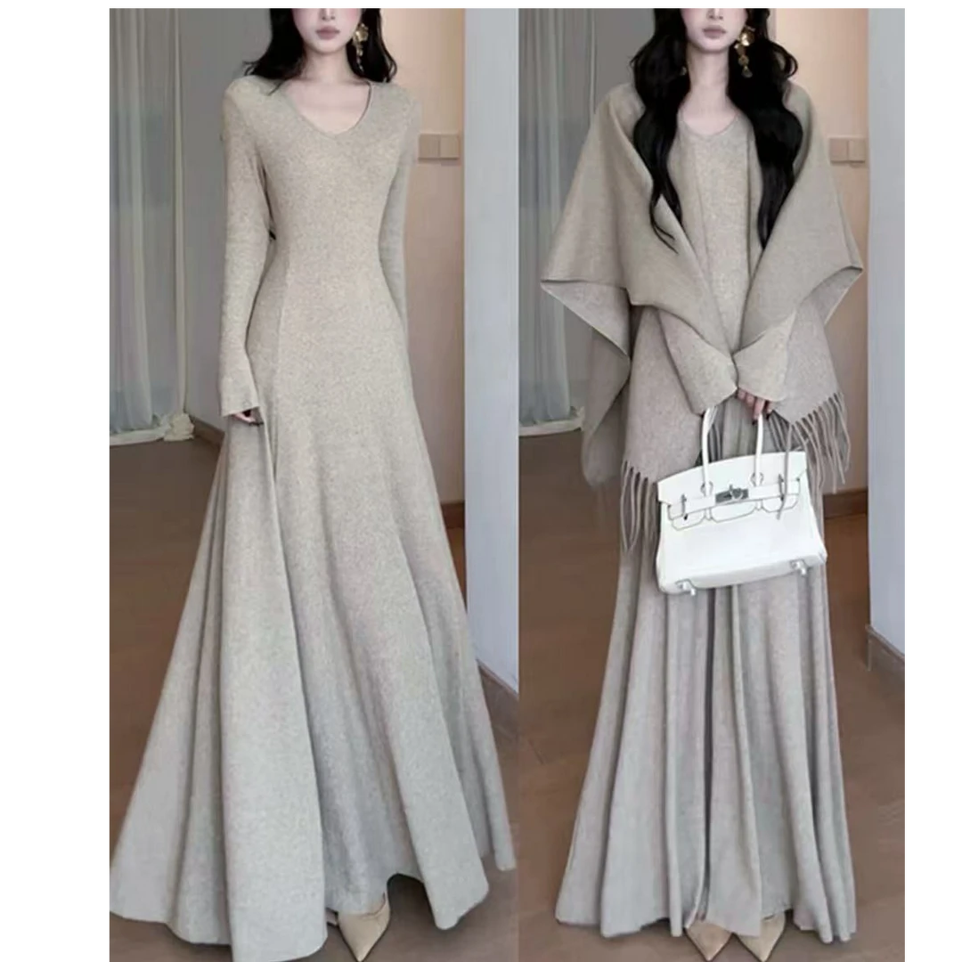 甜菜【知心姐姐】新款胖mm法式V领加绒针织长袖连衣裙女＋披肩套装