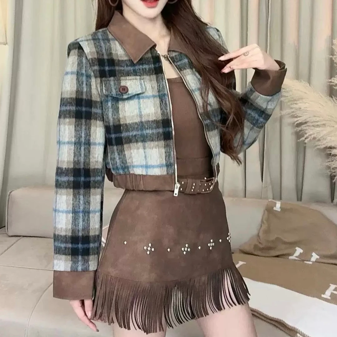 复古撞色格纹毛呢外套搭流苏半裙两件套#D033
