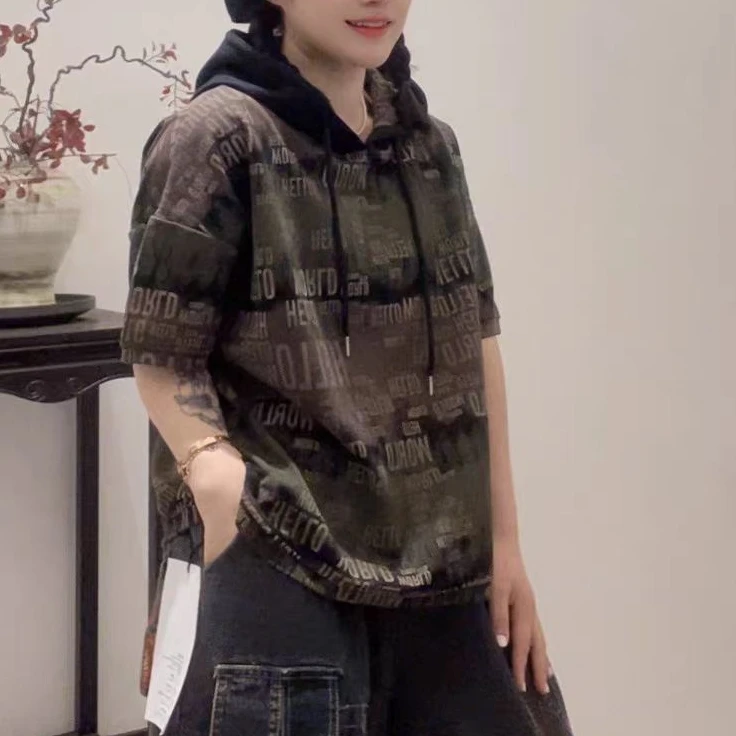 9468新款夏季休闲减龄气质遮肉连帽短袖T恤