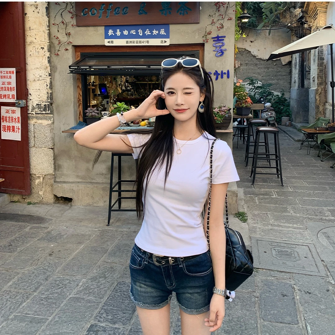 正肩修身百搭纯色短袖t恤女2025春装新款95棉显瘦简约上衣韩版小t