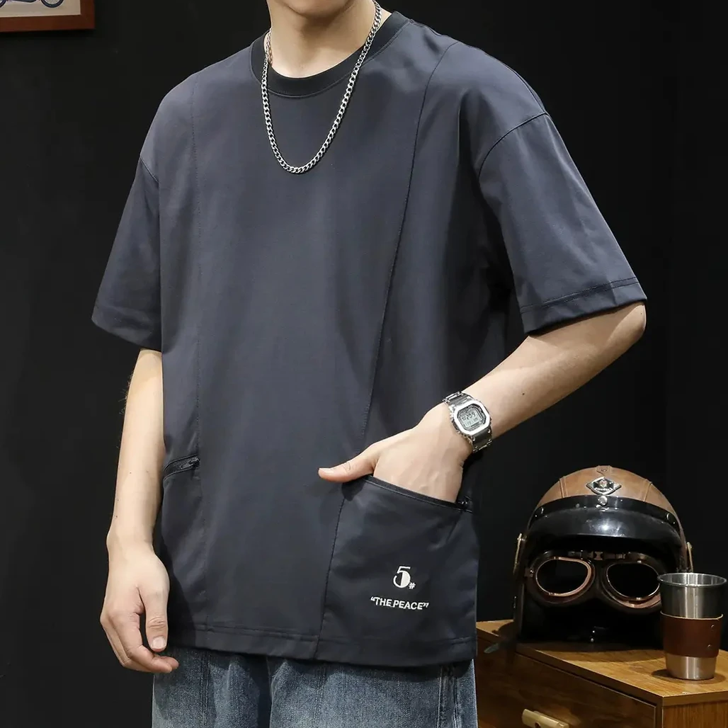 拉链口袋短袖T恤男士夏季2025新款宽松大码男款衣服潮牌男装体恤