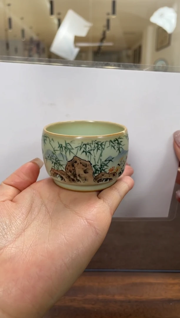 杯子瓷周泽堂粉青余秀华彩绘-圈足杯-石竹菊