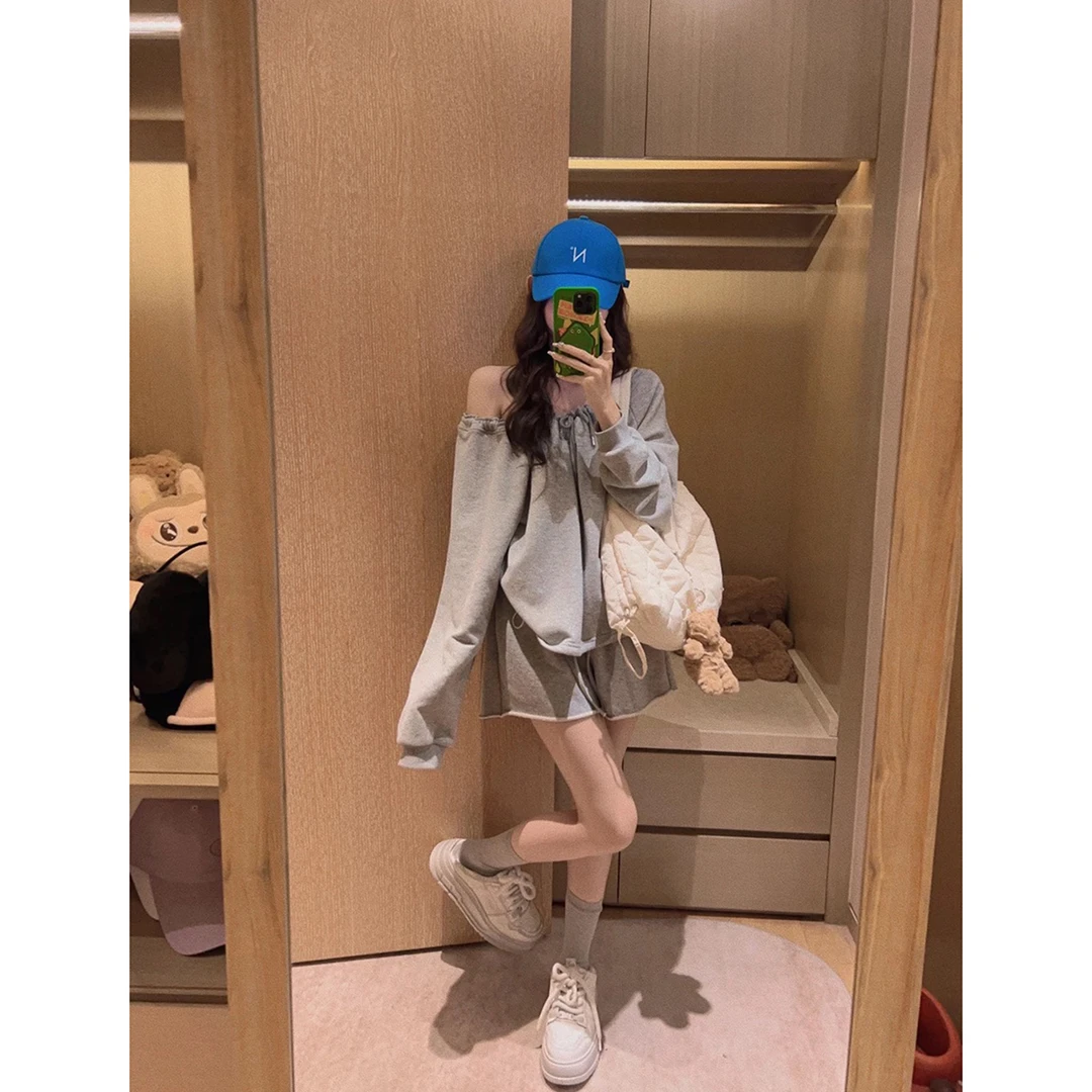 一字领露肩性感抽绳简约系带减龄套头卫衣+休闲宽松短裤C 9255#