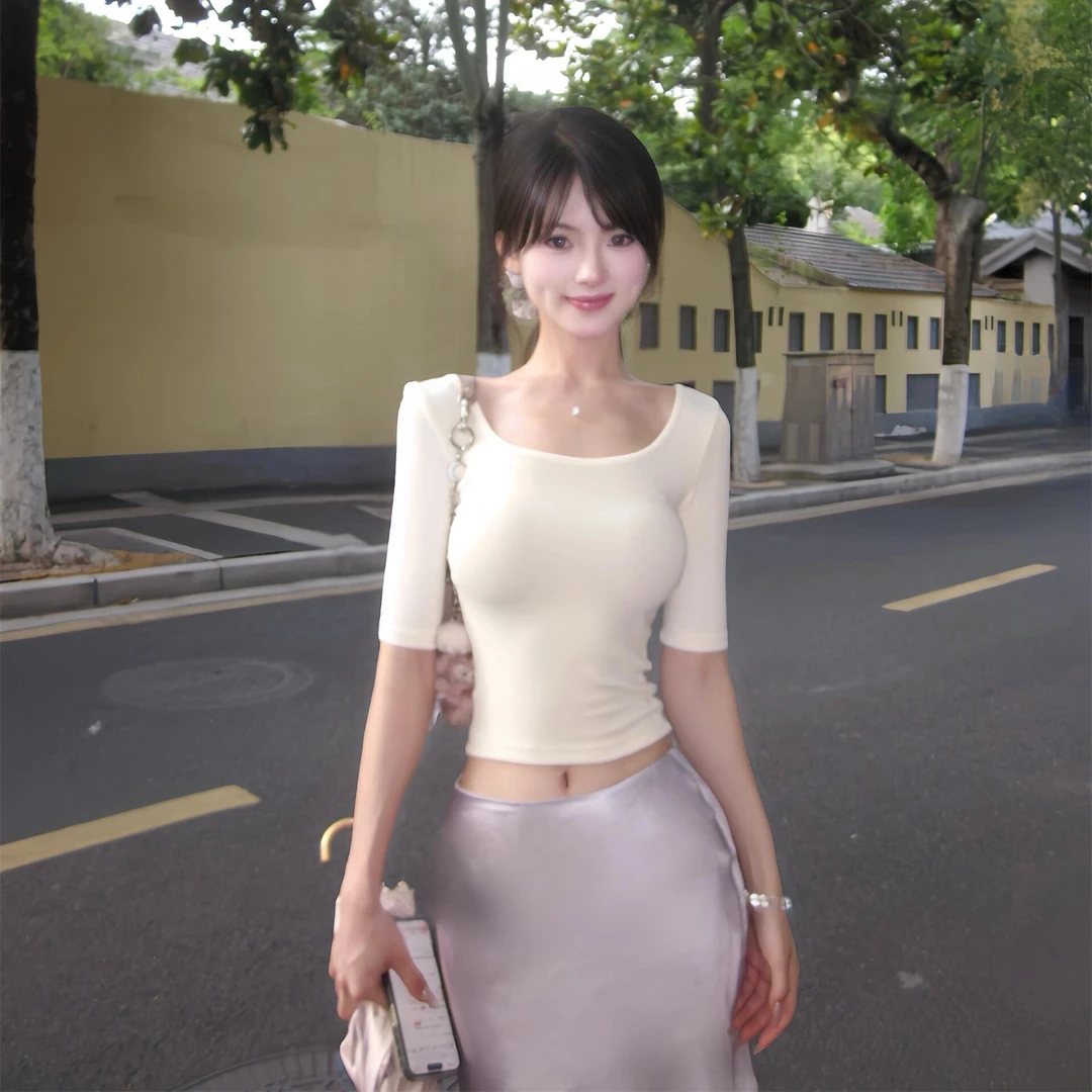 纯欲套装白色U领中袖T恤短款上衣低腰紫色缎面半身短裙两件套裙子