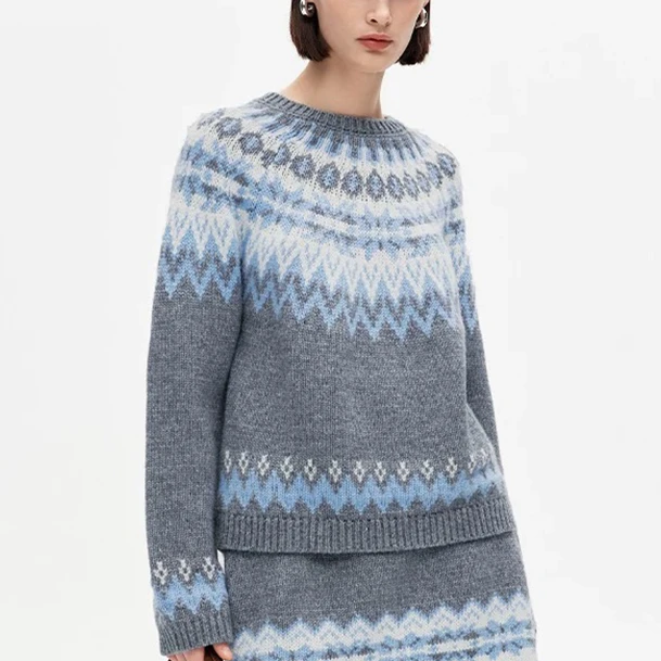 HNLINSHAN【花语】节日氛围浪漫费尔岛圆领宽松针织衫BDZ3005