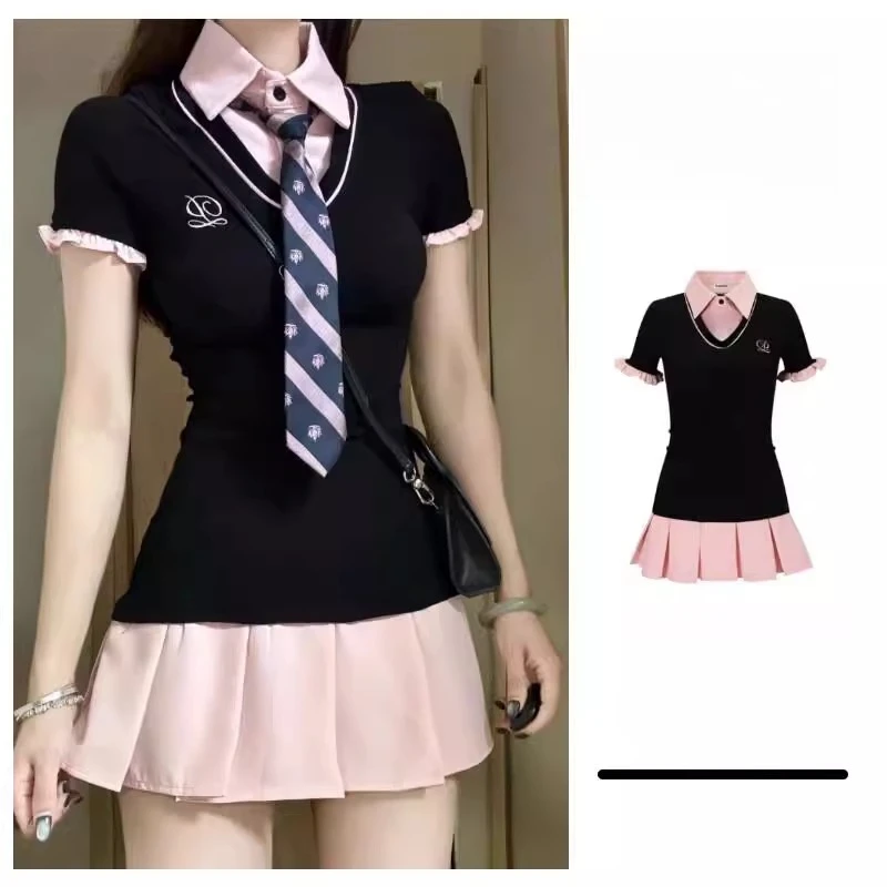 【破价秒发】学院风收腰显瘦拼接短袖针织连衣裙夏新款纯欲辣妹套装