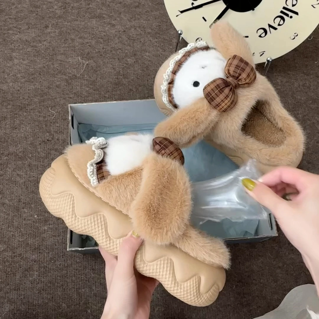 可爱卡通毛毛拖鞋女2025新款可外穿厚底居家室内保暖踩屎感棉拖鞋