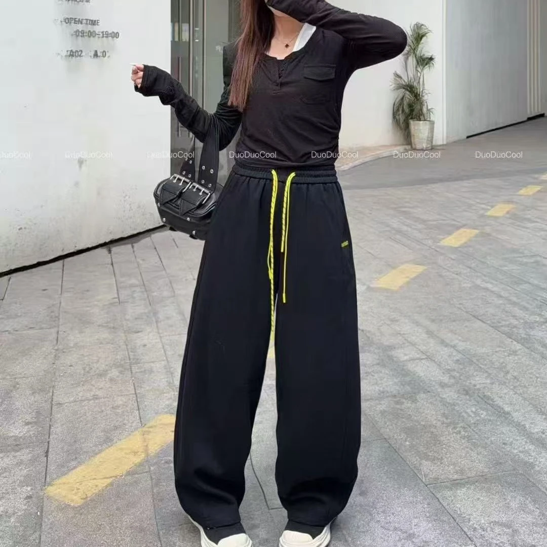 B617刺绣运动卫裤女2025秋季潮牌撞色抽绳百搭阔腿休闲裤