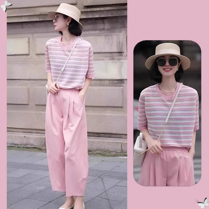 夏装搭配一整套2025清纯甜美粉色时尚短袖T休闲裤两件女顺E1849-