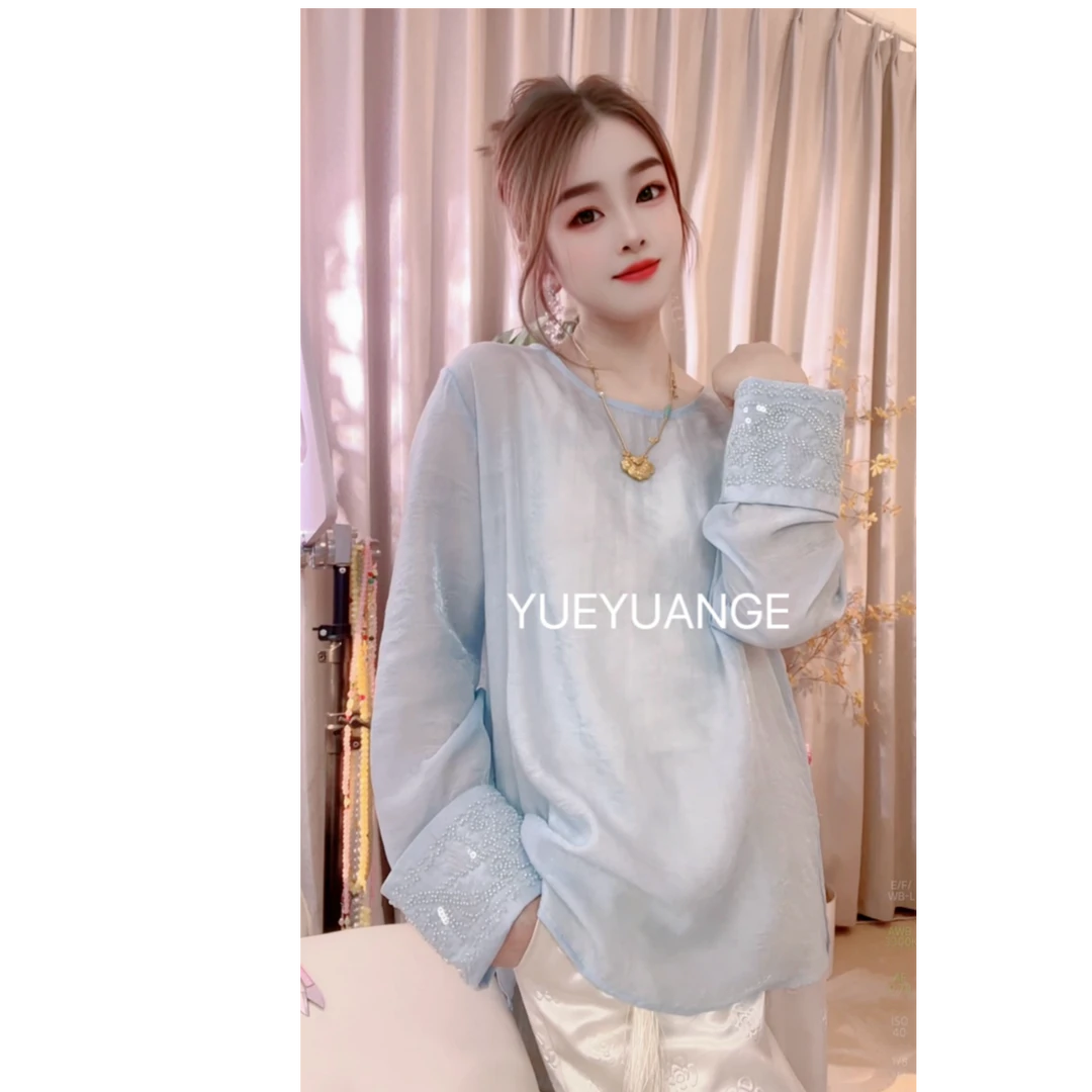 [云为衫]新中式国风重工钉珠刺绣衬衫女春秋新款宽松减龄气质打底