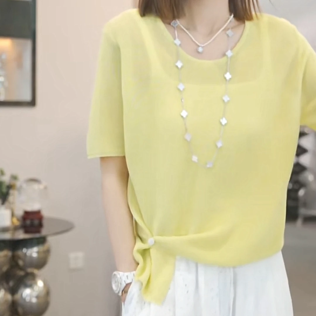 设计感不规则下摆纯色短袖针织衫2025春夏新款时尚百搭休闲上衣