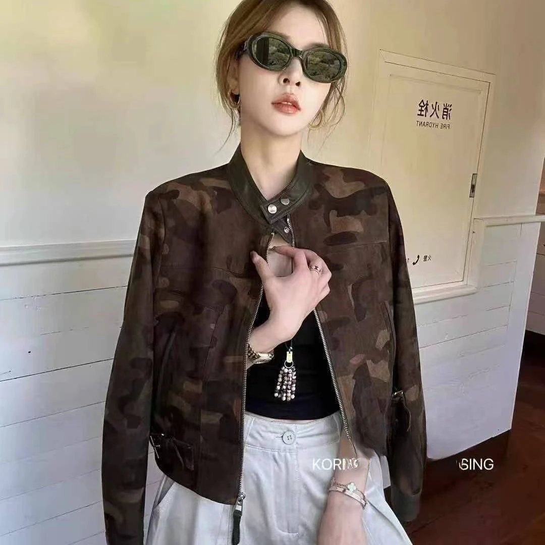 拉夏贝尔美式复古做旧咖啡色夹克外套2025秋季新款辣妹立领PU皮衣