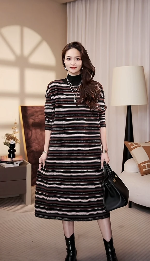 水貂绒[条纹黑]冬季长款百搭毛衣显瘦连衣裙-1254#