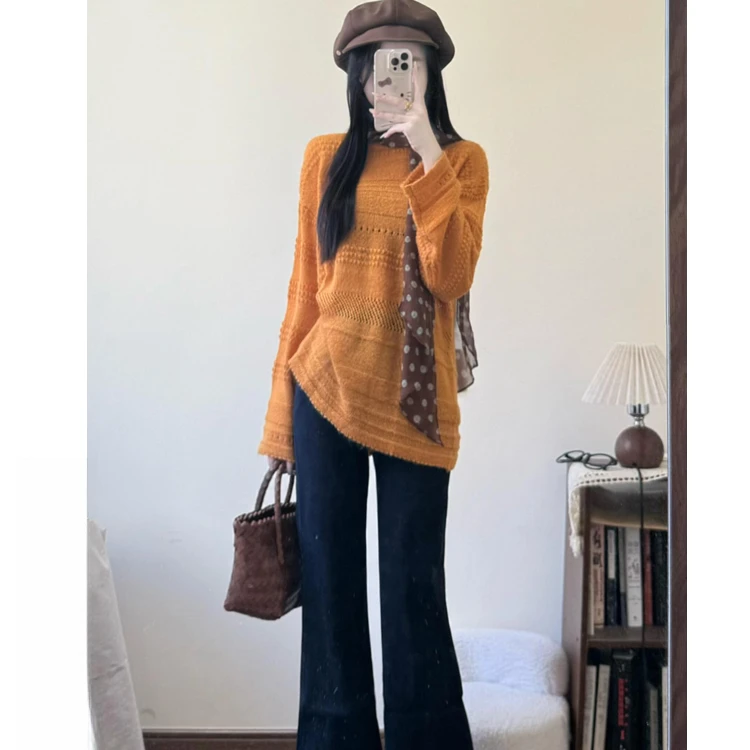 早秋绝美巨好看套装女韩系氛围感穿搭针织衫毛衣微喇牛仔裤两件套