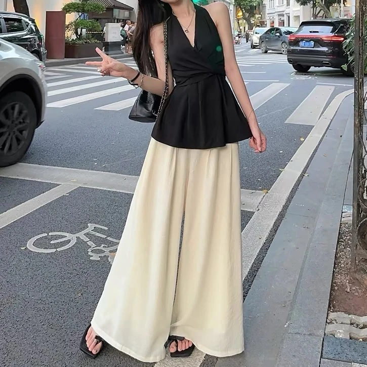 十三行欧货韩版新款亚麻透气高腰大阔腿裤慵懒遛弯裤002