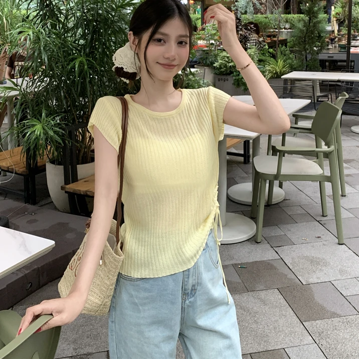 现货夏季冰麻抽绳针织T恤衫女夏薄款短袖百搭打底衫圆领冰丝上衣