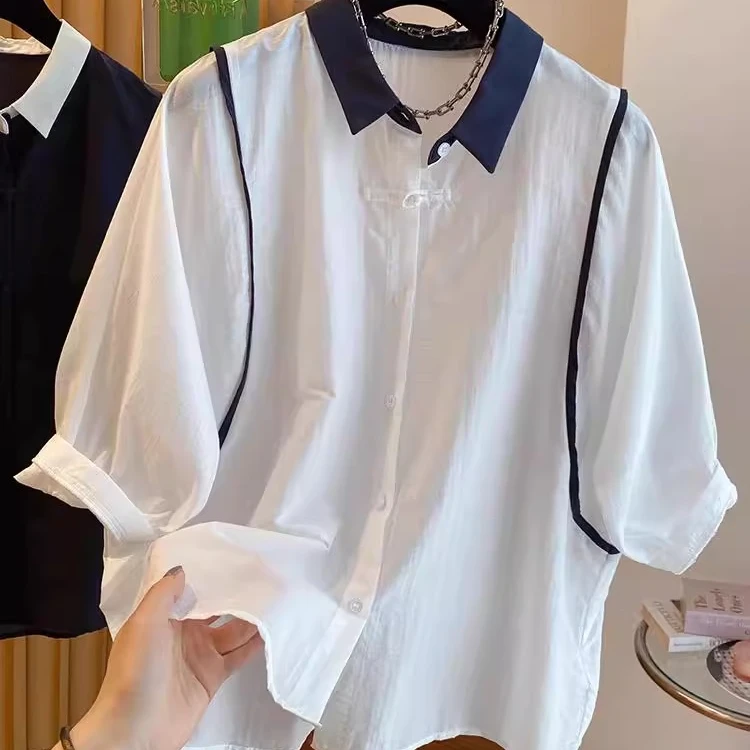 9667衬衫女2025夏季新款胖妹妹设计感小众法式撞色上衣高级感衬衣