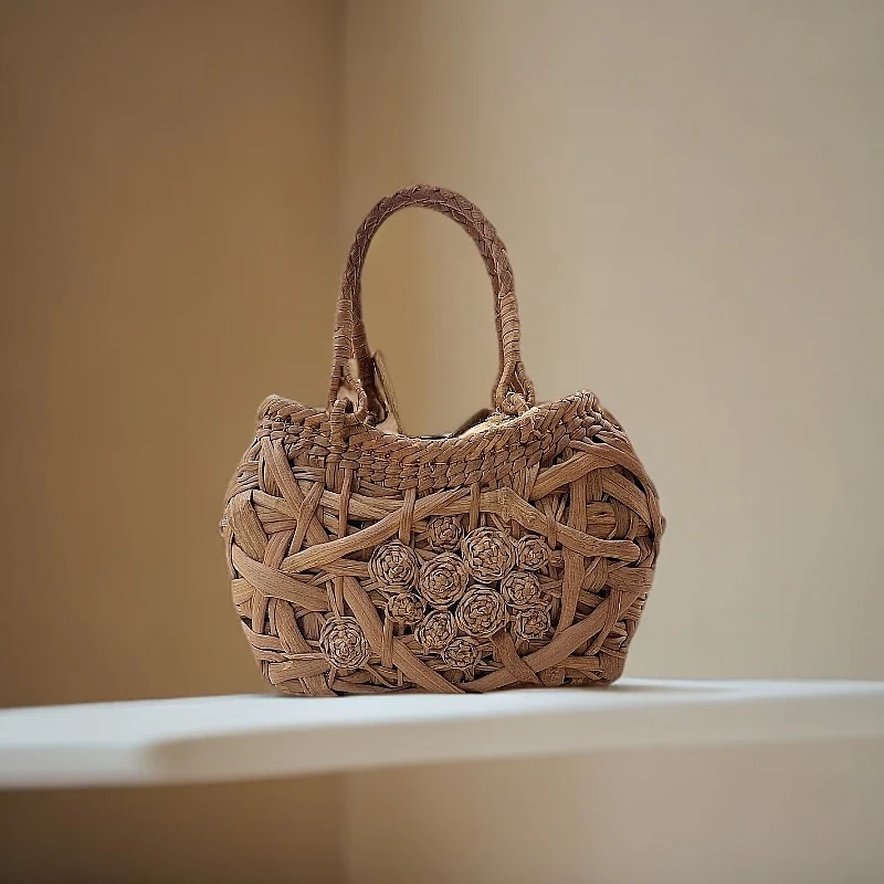 葡萄曜「福建非遗手工藤编包」头层皮单面玫瑰花女士手拎包