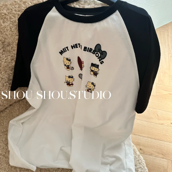 【瘦瘦】ins KT-大码夏季无感印花拼色可爱百搭显瘦短袖S01573