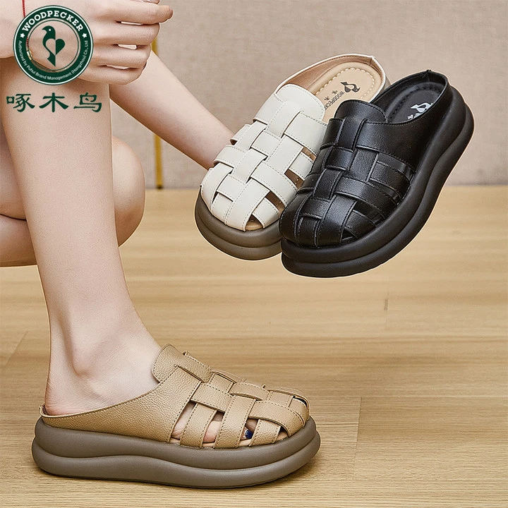 啄木鸟半拖鞋女夏外穿一脚蹬镂空编织透气洞洞鞋软皮软底平底鞋