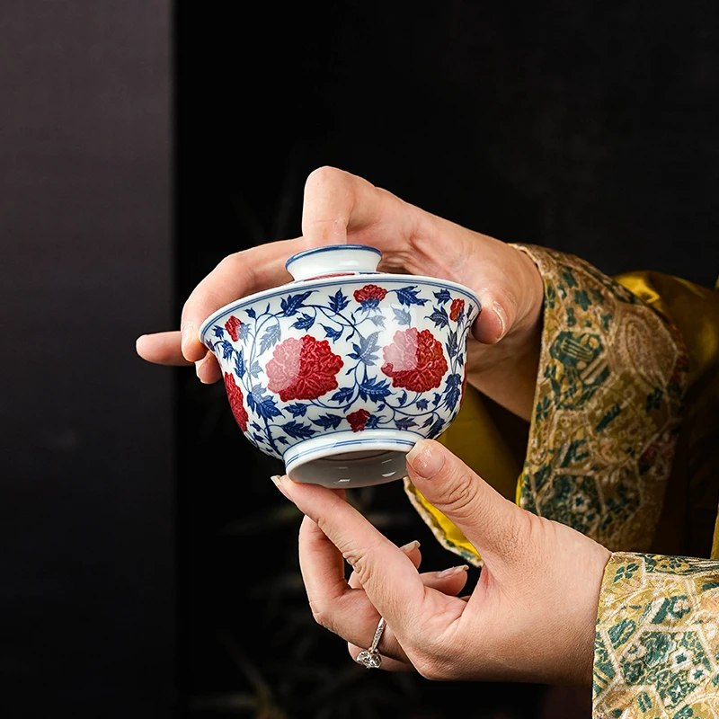 片云晚谷釉里红牡丹大盖碗缠枝PYWG15茶具高档青花瓷陶瓷釉下彩