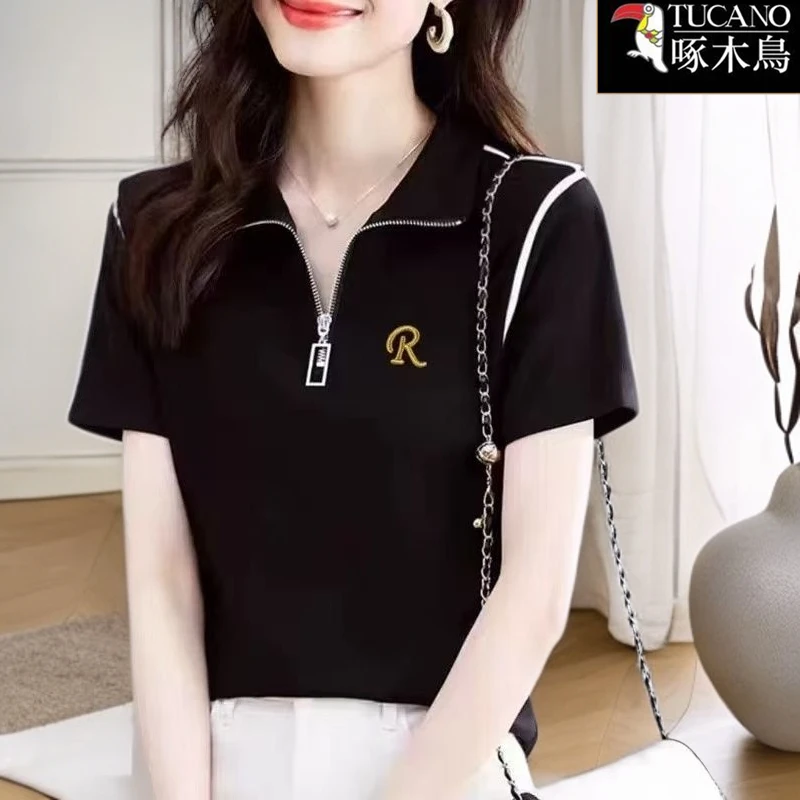 啄木鸟短袖刺绣休闲百搭T恤女士2025年夏季新款翻领设计感上衣ins