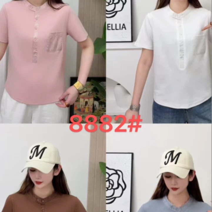 FZ8882（聚水潭）短袖口袋常规立领T恤翻领宽松印花夏季女士短袖