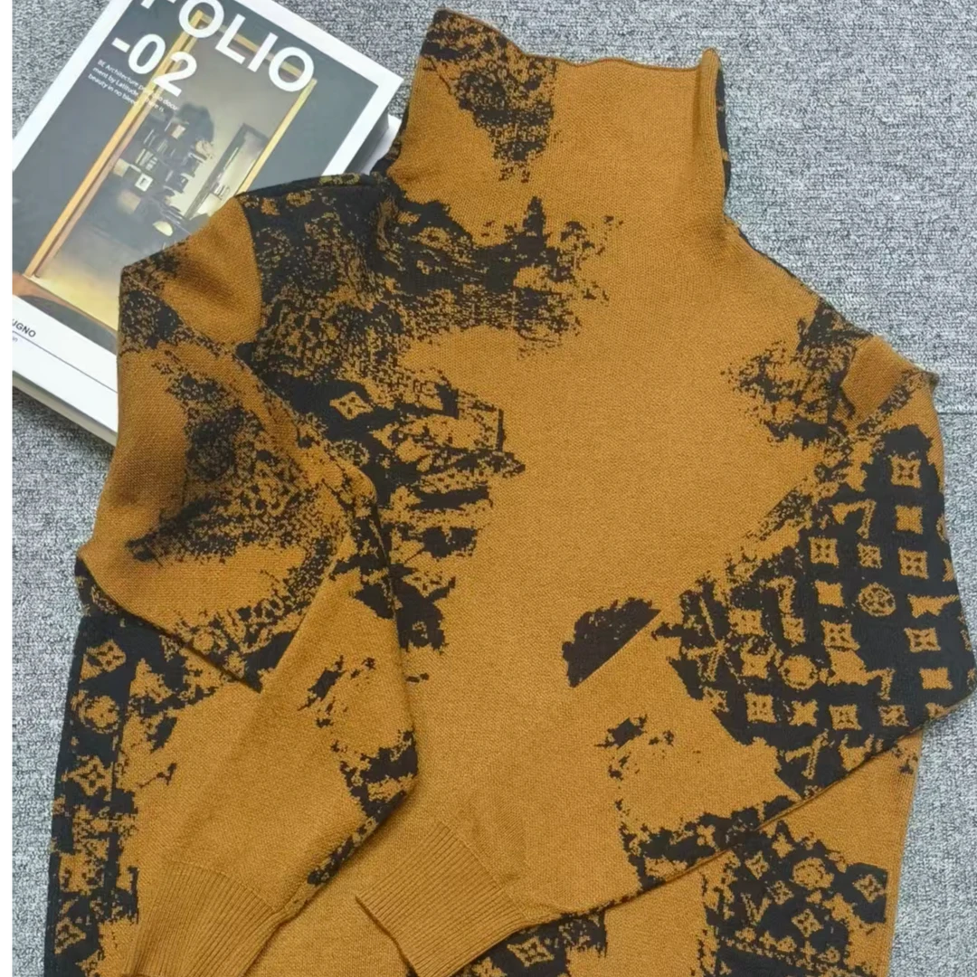 K黄底黑色涂鸦高领时尚百搭洋气减龄显瘦上衣