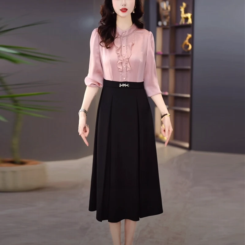 珠光缎气质轻奢高级感女装2025秋季新款时尚洋气假两件显瘦连衣裙