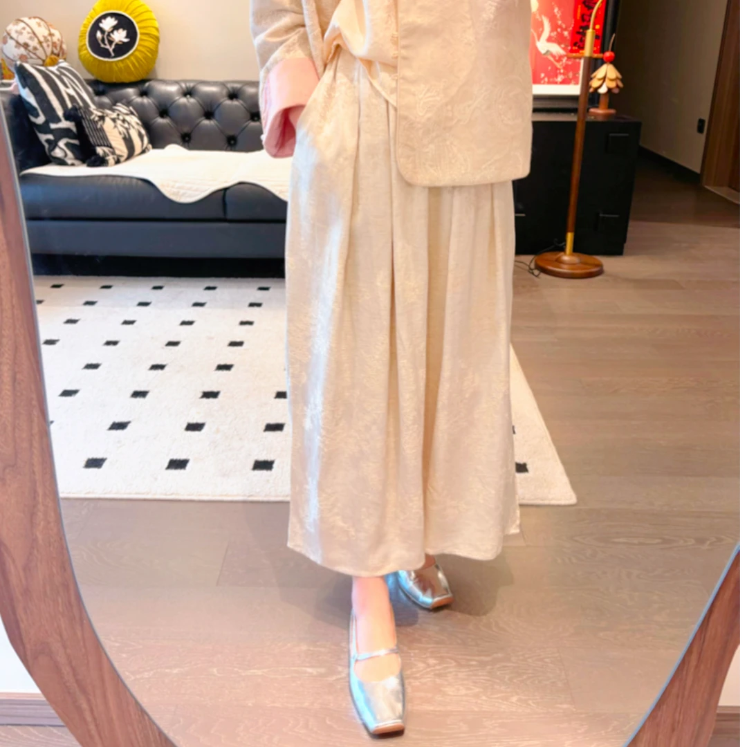 Art li 春季新中式高端缎面半身裙高级感米白色国风优雅气质2523