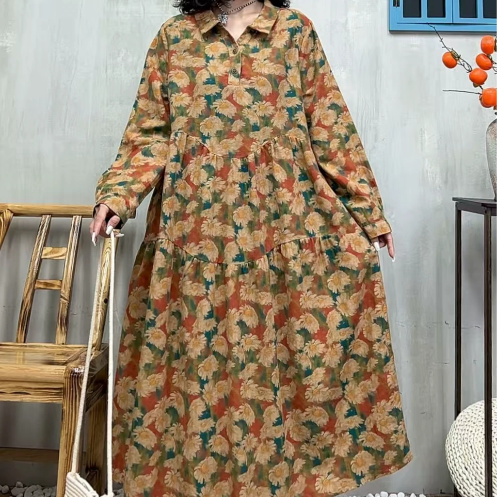 12124新款春秋优雅减龄宽松大气民族风小碎花连衣裙