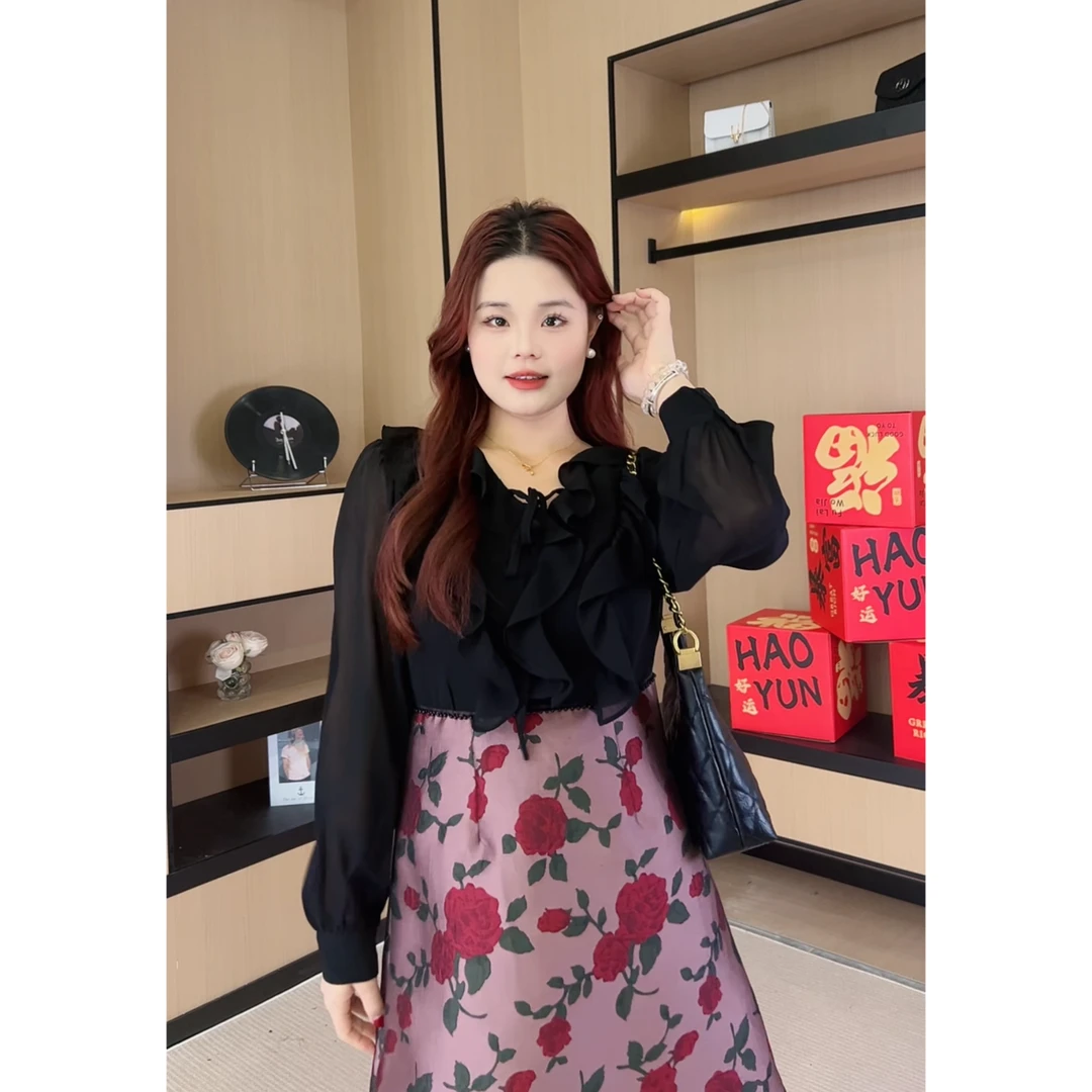 胖mm微胖定制~~【DM845】遮肚气质减龄显瘦大码女装红玫瑰连衣裙