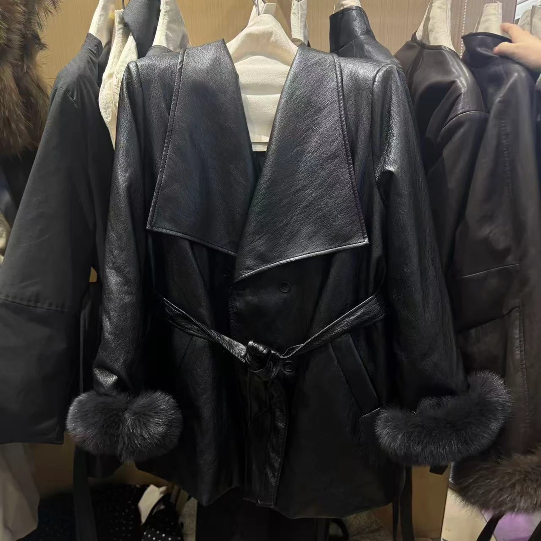 B233冬季新款韩版PU羽绒服90白鸭绒宽松高级感皮衣外套女