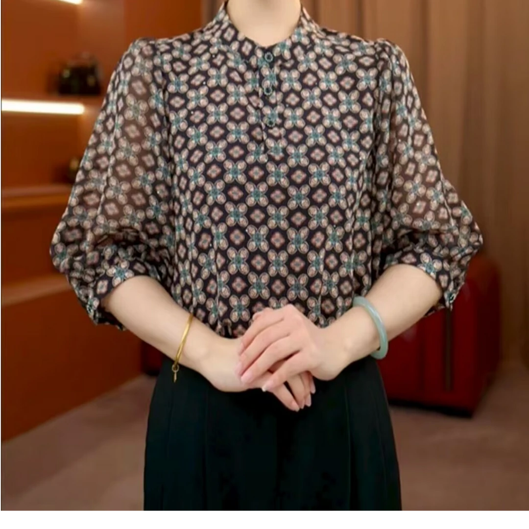 【洒银】夏季薄款七分袖复古衬衫大码胖mm遮肚宽松显瘦洋气衬衣小衫
