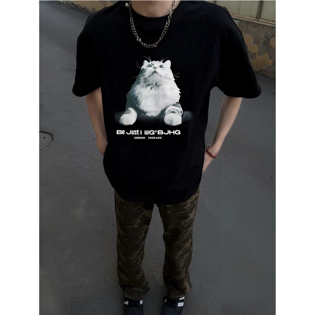 美式复古设计感小猫T恤短袖男夏季2025新款宽松休闲百搭圆领上衣