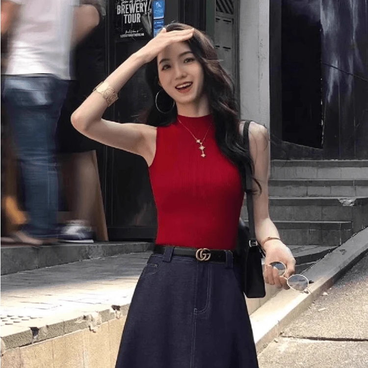 别致高级修身红色半高领冰丝针织吊带背心女夏季外穿短款无袖上衣