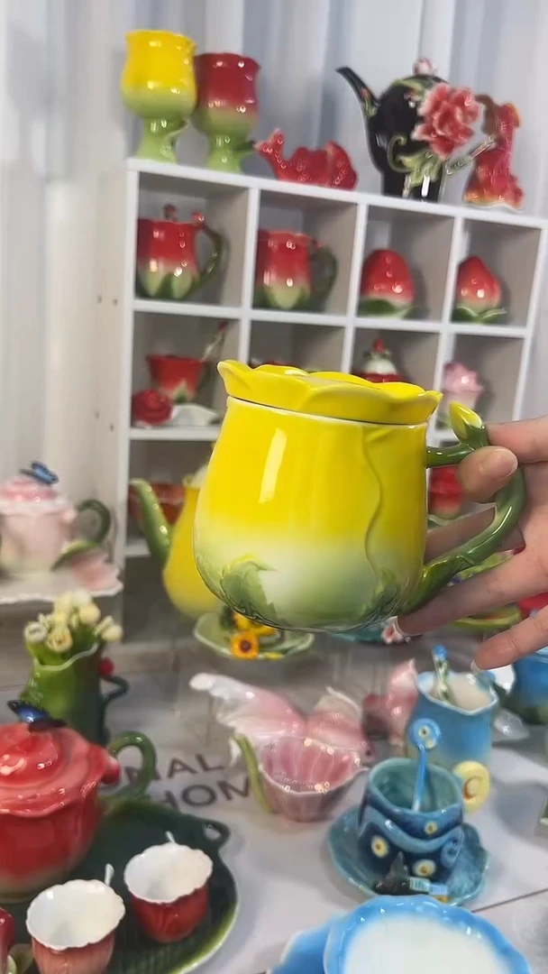 瓷黄色玫瑰马克杯1杯1盖 盖不带花
