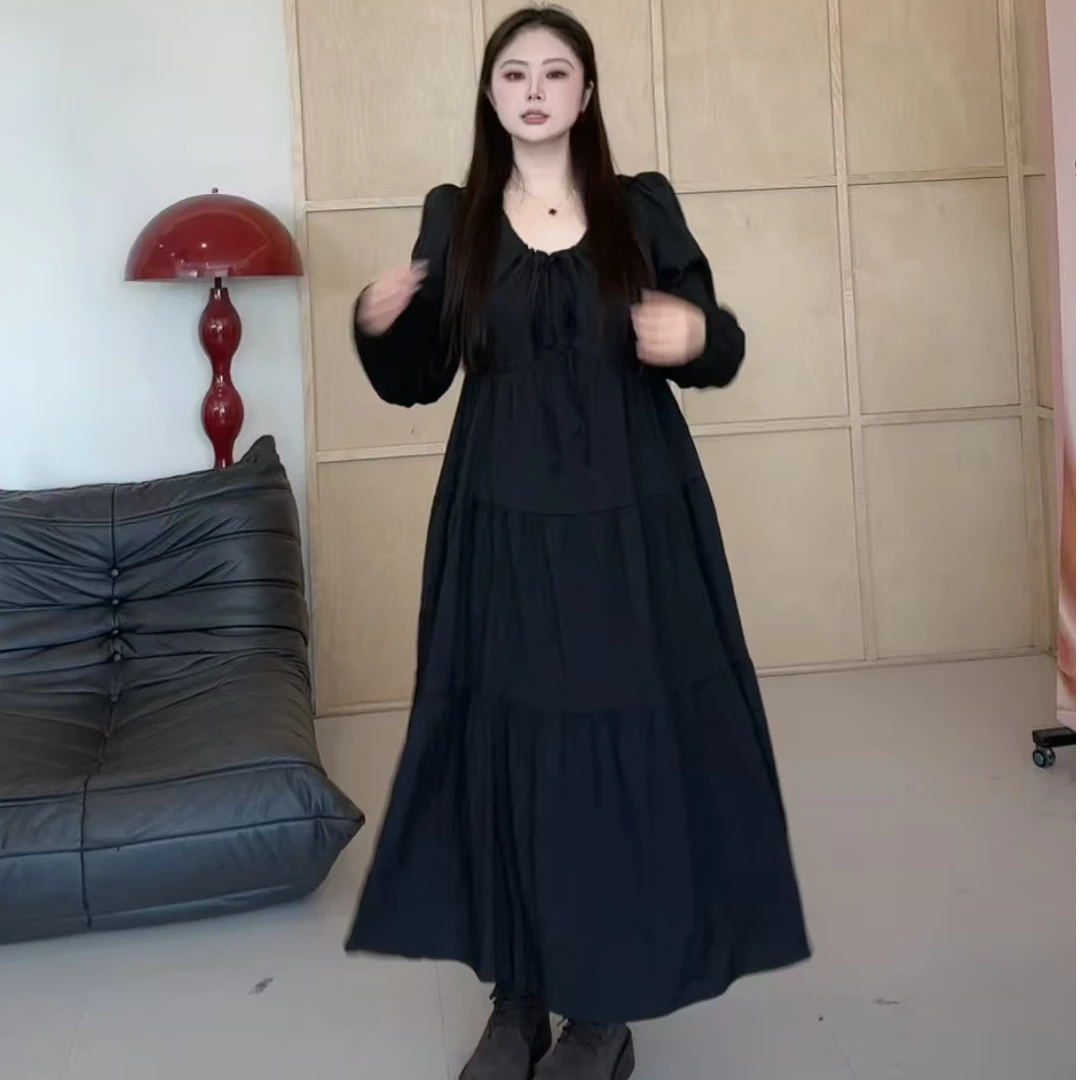 晶咕小V领泡泡袖韩版宽松连衣裙