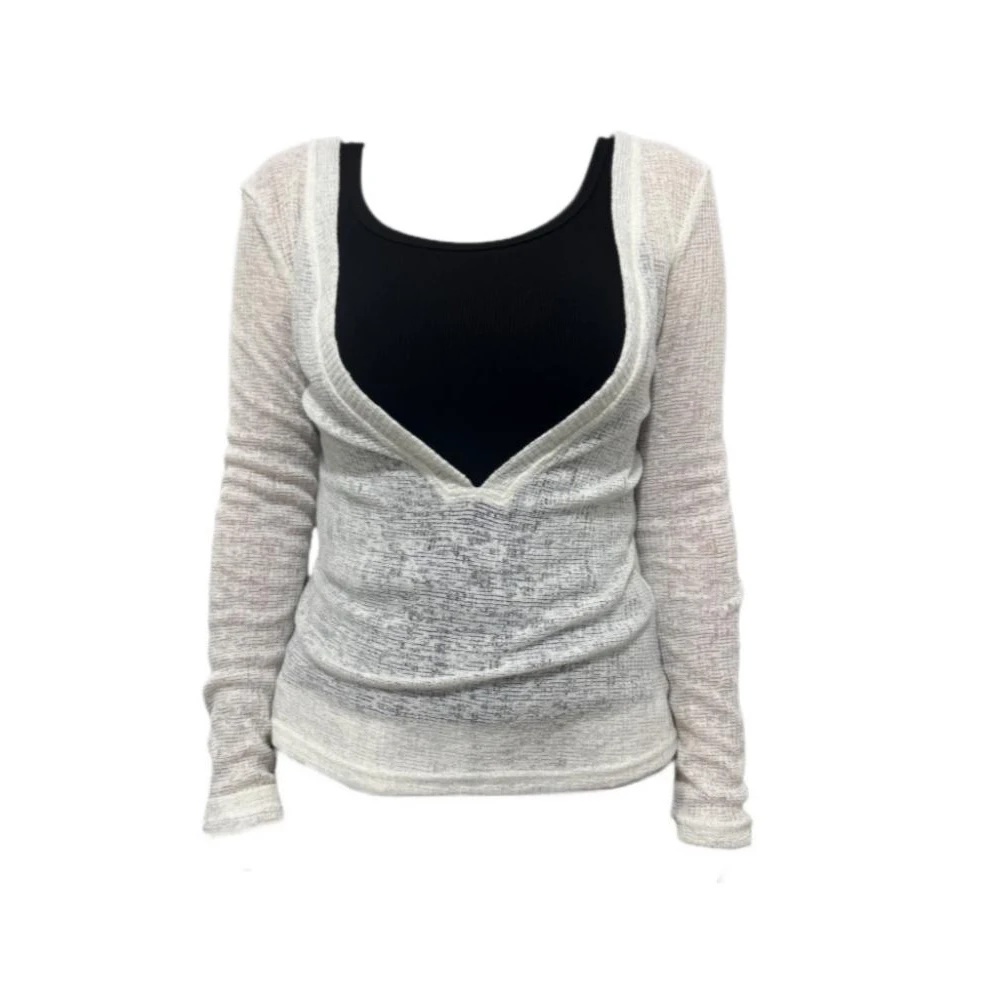 纯欲辣妹防晒v领长袖T恤女夏季新款叠穿性感上衣罩衫套装-1080