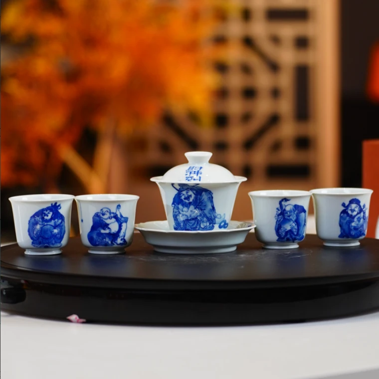 【樊匠造器】国风青花福禄寿喜财茶具套组