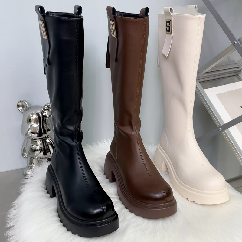 长腿靴女小个子白色长靴子后拉链加绒高筒骑士靴女秋冬时尚骑士靴