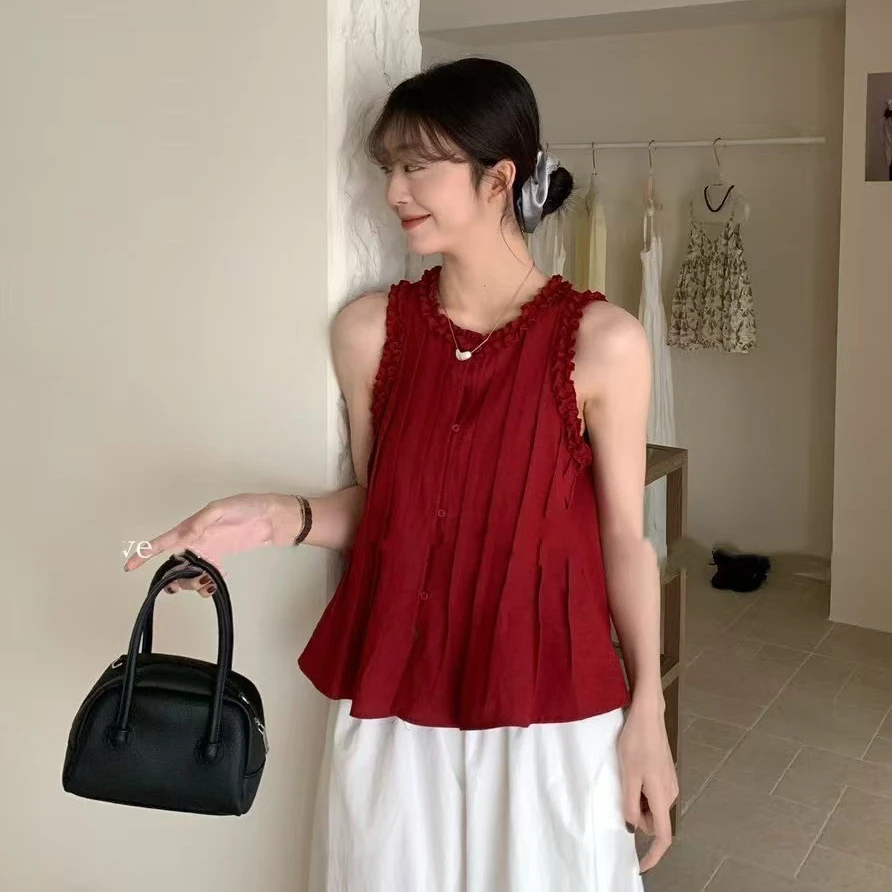 韩版宽松圆领无袖衬衫荷叶边设计苎麻棉质百搭上衣