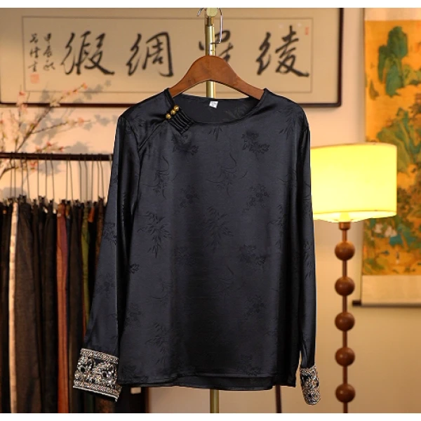 【陌上花开】新中式国风刺绣暗纹提花打底衫上衣0291