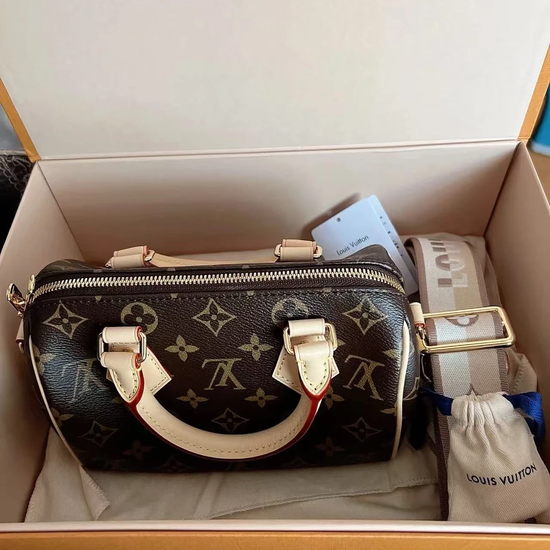 99新 LouisVuitton/路易威登 GGSspeedy20橘粉色肩带老花89747510
