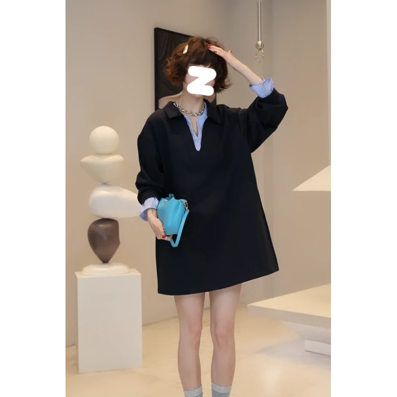 拼接条纹翻领连衣裙2025秋季大码胖MM宽松显瘦假两件时尚长袖裙子