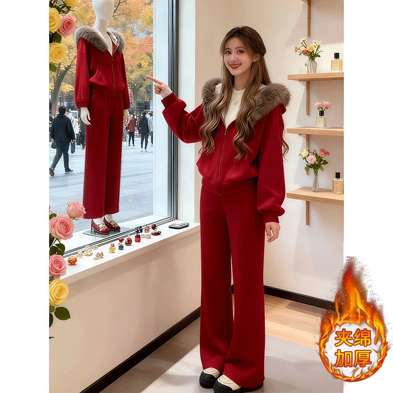 巨好看的红色时尚套装女秋冬欧货加绒加厚毛领时尚上衣两件套