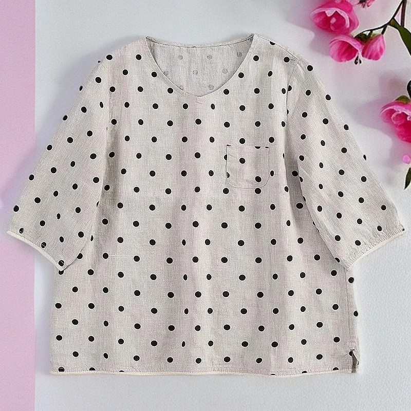 雨露波点麻质波点短袖百搭休闲宽松上衣领显瘦夏季女T恤