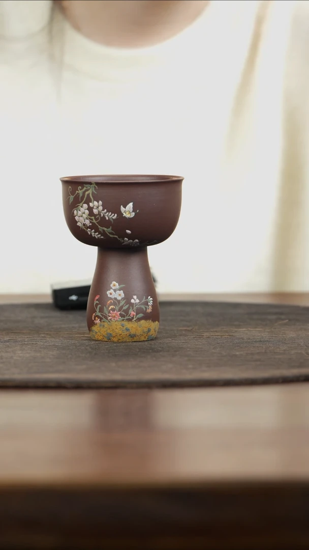 【闪购商品】紫砂茶叶罐底槽清泥绘蝴蝶花高足杯