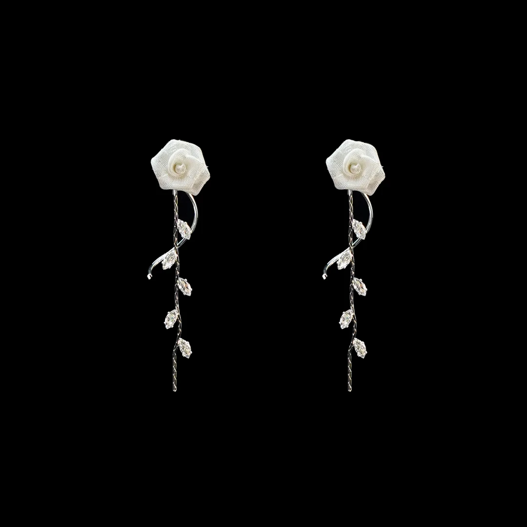 铜合金合成锆石耳饰 复古轻奢气质温柔长款花朵流苏耳夹耳饰女