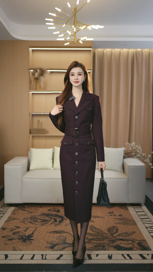 罗曼定制 高定原创长袖高腰时尚收腰显瘦秋季西装连衣裙女高级感